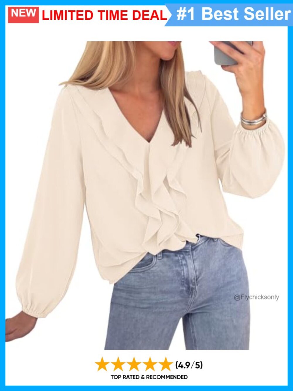 Womens Ruffle V-Neck Blouse Long Puff Sleeve Dressy Casual Top